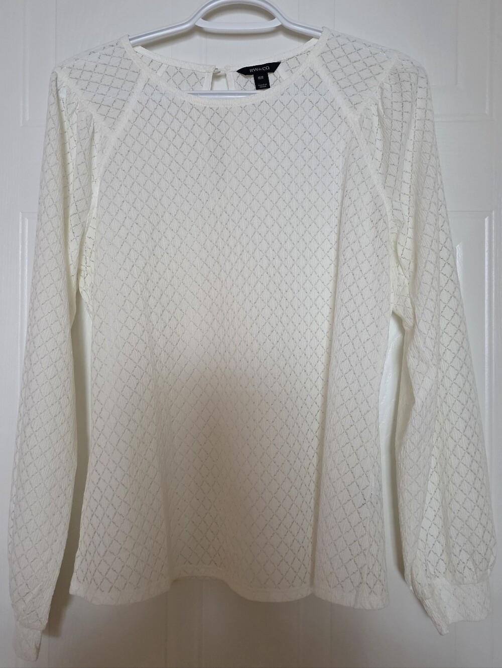 RW & Co. Lace Long-Sleeve Diamond-Pattern Top, White, Medium